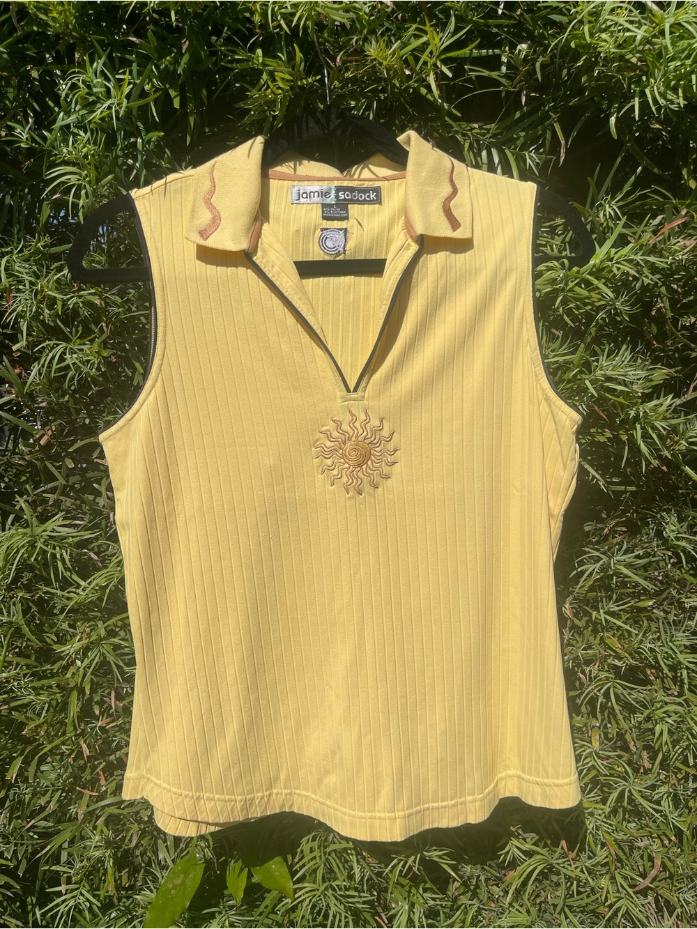 jamie sadock Yellow Sleeveless Ribbed Polo Tank with Sun Embroidery